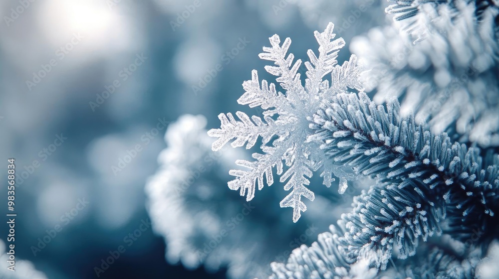 Poster a beautiful close-up of a snowflake resting on a pine branch, showcasing intricate details and frost