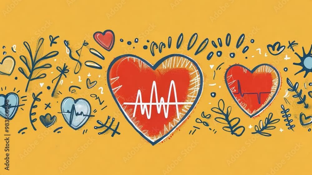 Aufkleber bright yellow backdrop features various heart illustrations intertwined with heartbeat lines and flo