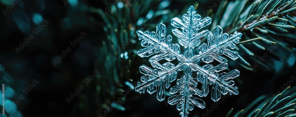 Poster close-up of a delicate snowflake resting on an evergreen branch, showcasing intricate details and a 