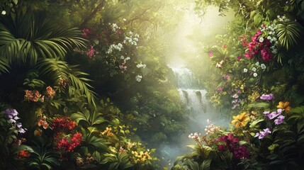 Fototapeta premium A captivating tropical landscape infused with enchanting spring fantasy elements Digital painting backdrop and illustration