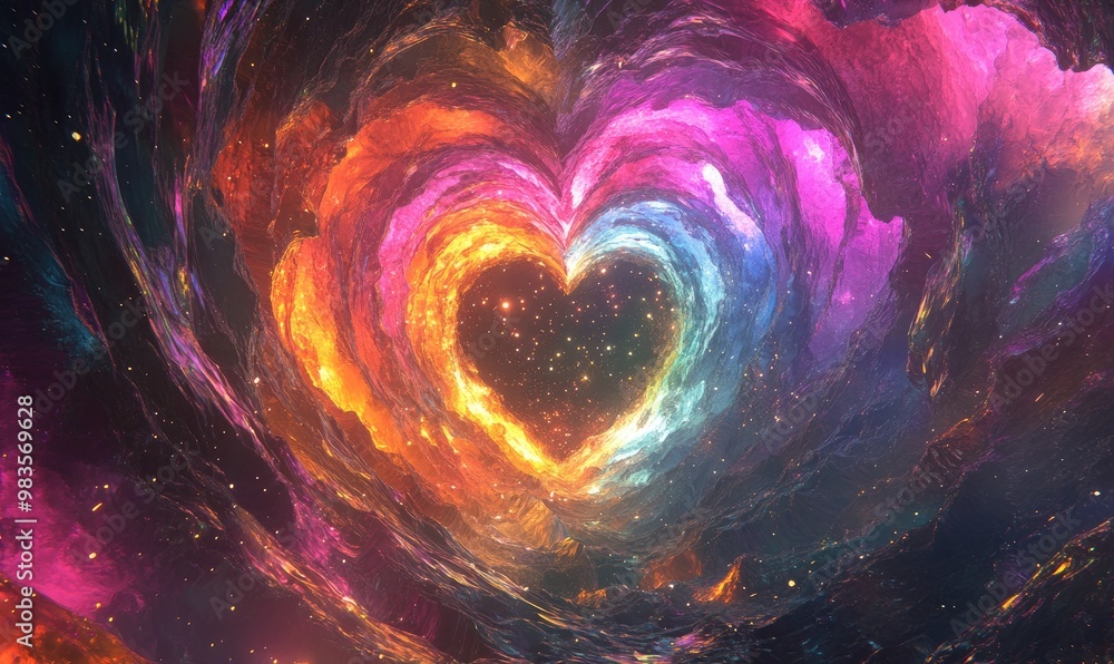 Poster flying through 3d rainbow heart wave tunnels in outer space abstract texture rendering