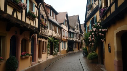 Fototapeta premium A quaint street in Colmar, Alsace, lined with half-timbered houses and flower boxes.