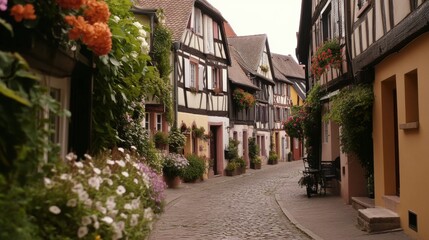 Fototapeta premium A quaint street in Colmar, Alsace, lined with half-timbered houses and flower boxes.