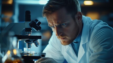 Scientist Analyzing Samples Through Microscope in Modern High-Tech Laboratory