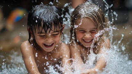 Obraz premium Siblings engaged in a playful water fight, the splashing water and the children's joyful expressions bringing a sense of energetic, carefree fun