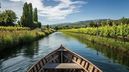 Fototapeta premium A romantic boat ride along the Canal du Midi, with vineyards and rolling hills in the background.