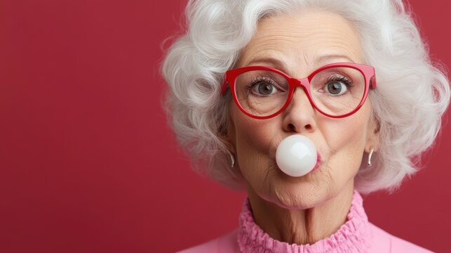 An elderly woman wearing red glasses playfully blows a bubble with bubblegum against a bold red background, embracing youthful spirit and fun.