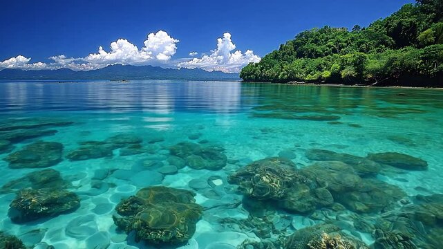 Clear turquoise water with rocks near a tropical shoreline under a bright blue sky
