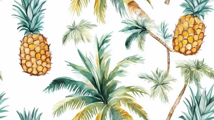 Fotobehang Seamless watercolor pattern featuring coconut palm trees and pineapples on a white background illustration © NeuralNiche