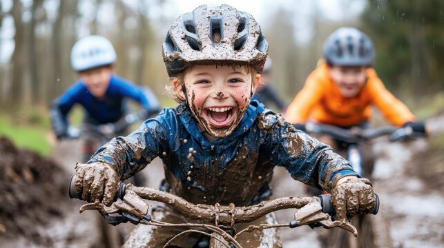 Three children are captured in action while mountain biking through muddy terrain, showcasing an adventurous and exhilarating outdoor activity filled with fun and excitement.
