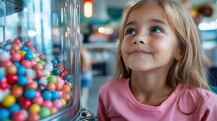 A little girl stands, eyes wide with joy, while observing a colorful mix of gumballs in a...