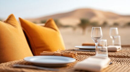 An elegantly set table with orange cushions and tableware placed against a stunning desert backdrop, perfect for an outdoor dining or special event experience.
