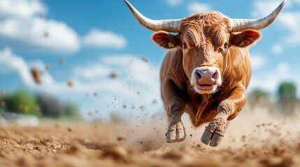 A dynamic image of a bull sprinting passionately on a dirt field under clear blue skies, evoking feelings of freedom, power, and natural beauty in its rawest form.