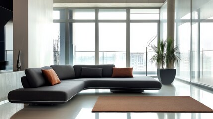 A stylish, contemporary "Y" shaped sofa in a modern living room with sleek decor and ample natural light.