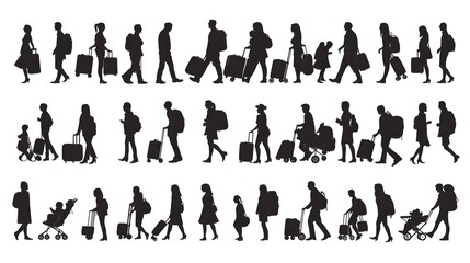 Silhouette of Diverse People with Luggage Walking in Motion