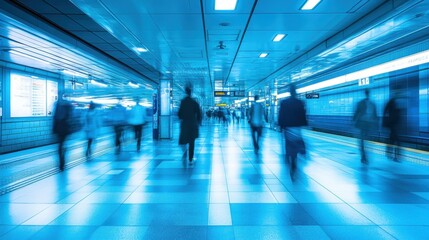 Urban Commute: Busy Train Station in Cool Blue Tones with Motion Blur