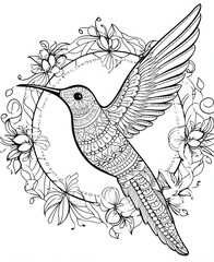 Intricate Mandala Hummingbird Line Art with Floral Elements
