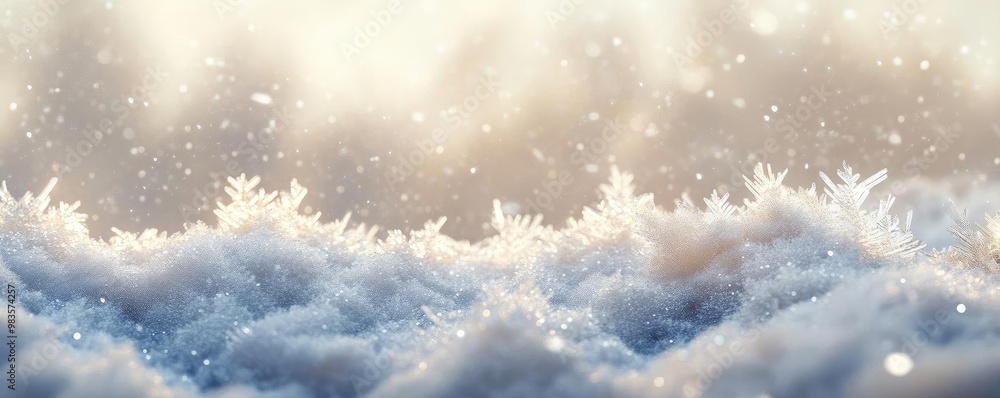 Poster a serene winter scene featuring soft snowflakes gently falling on a fluffy snow surface, creating a 
