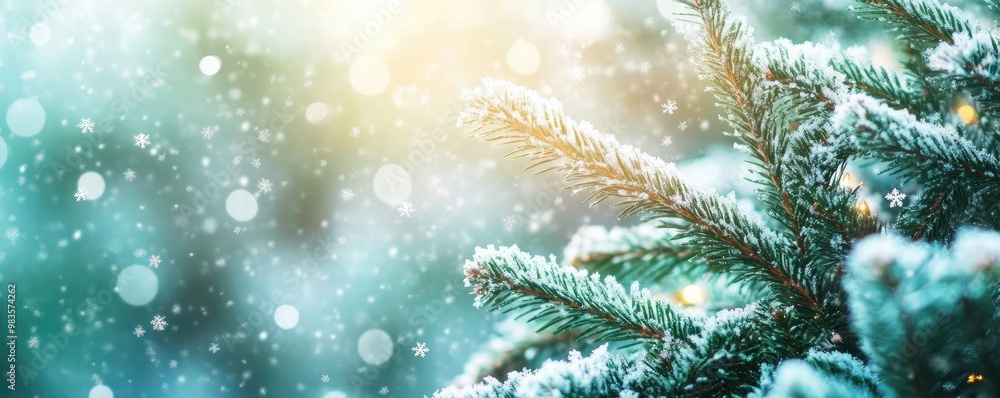 Poster a serene winter scene featuring a snow-covered evergreen branch with sparkling bokeh lights and gent