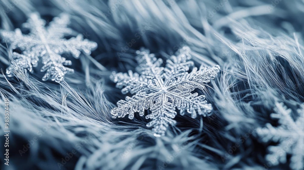 Poster close-up of delicate snowflakes resting on soft, frosted surface, creating a serene winter atmospher