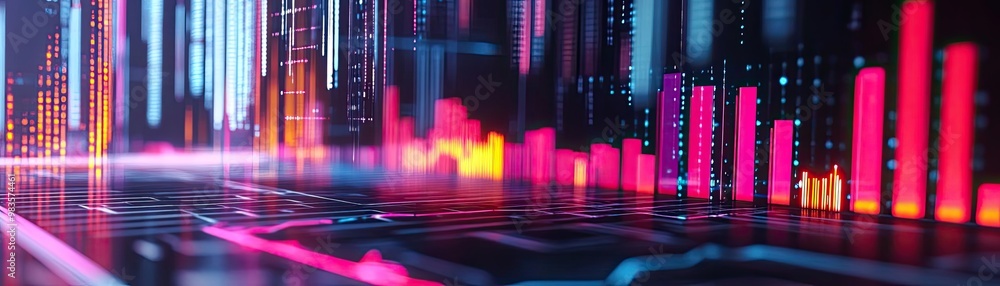 Poster vibrant digital visualization of data trends with colorful bars and glowing lines, representing mode