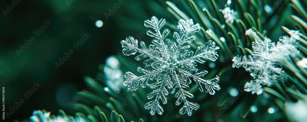 Poster close-up of a delicate snowflake resting on evergreen foliage, showcasing intricate patterns and nat