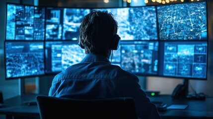 Drone operators monitoring multiple screens in a high-tech control room