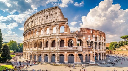 Obraz premium A view of the Colosseum in Rome, Italy, with visitors exploring the ancient amphitheater.