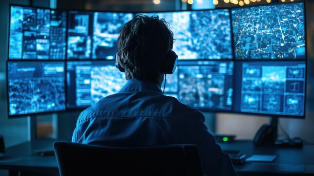 Drone operators monitoring multiple screens in a high-tech control room