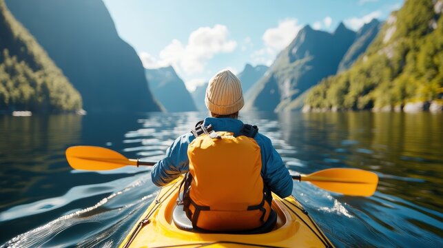 A lone kayaker enjoys a sunny day paddling on a pristine mountain lake, basking in the stunning natural scenery and reflection of the landscape on the clear water surface.