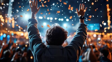 A person is seen from the back with their hands raised in the air, celebrating amidst a cheering crowd at a concert, creating an atmosphere of joy and exhilaration.