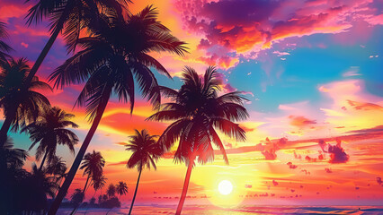 Tropical sunset with vivid colors and palm tree silhouettes