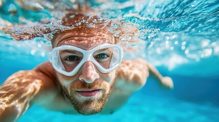 Fototapeta premium An individual is seen swimming underwater in a pool with a clear view of the water's surface and reflections, showcasing the clarity and vibrancy of the swimming environment.
