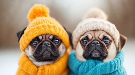 Two cute dogs wearing colorful knit sweaters and pom-pom hats sit together in a snowy landscape, capturing a moment of warmth and companionship in a wintry setting.