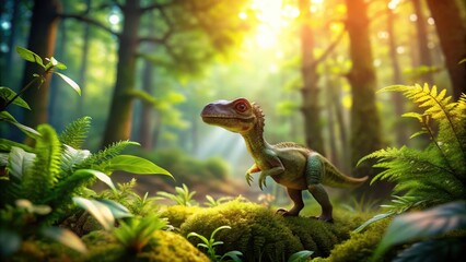Exploration of a Tiny Dinosaur in a Lush Forest Setting Surrounded by Greenery and Sunlight Ideal for Peaceful s