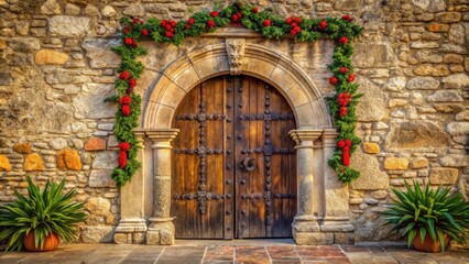 Rustic wooden entrance door of Mission Espada adorned with Christmas decorations on sunny day