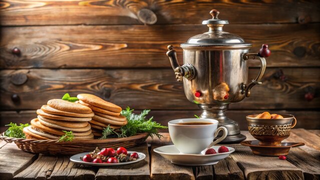 Traditional Russian bliny served with vintage samovar and teaware in rustic setting