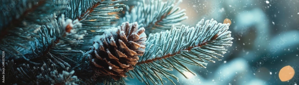 Poster Close-up of a frosted pine branch with a pine cone, creating a serene winter atmosphere filled with snow and soft lights.