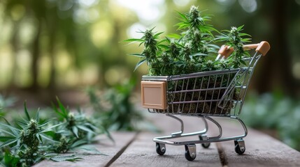 This image showcases a miniature shopping cart filled with thriving cannabis plants, set on an outdoor wooden surface surrounded by nature, evoking a rustic and natural feel.