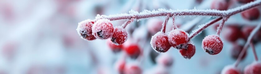 Frost-covered red berries glisten in the winter chill, showcasing nature's beauty and elegance against a soft blue background.