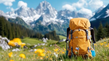 A prominent yellow hiking backpack stands in a mountain field filled with vibrant flowers, overlooking majestic snowy peaks, symbolizing exploration, travel, and natural beauty.