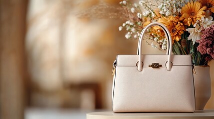 An elegant handbag is the focal point of this autumn-inspired scene, where it sits alongside a floral centerpiece, beautifully arranged in warm, earthy tones.