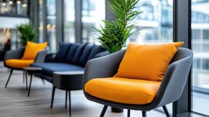 A cozy office lounge showcasing a grey chair with a bright orange cushion, a modern table, and greenery, offering a comfortable and stylish seating area with a large window view.
