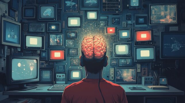 Illustration of mind as a control room, person actively choosing positive switches