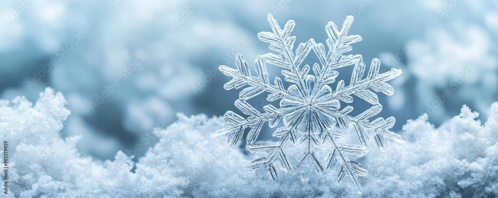 Poster close-up of an intricate snowflake resting on soft, white snow, showcasing the beauty and uniqueness