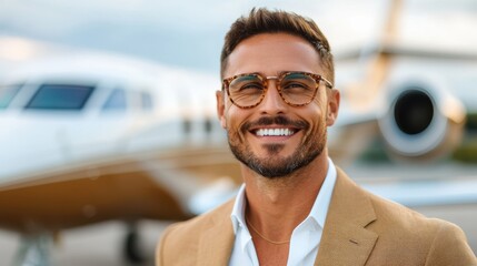 A charming man in glasses and a beige jacket smiles confidently near a luxury aircraft, embodying sophistication and style against a soft sky backdrop.