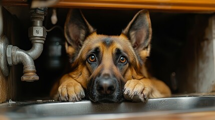 German Shepherd attentively watching a plumber fix pipes under the sink