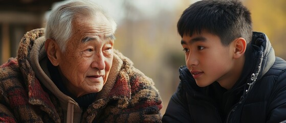 Elderly person sharing wisdom with youth, knowledge visually flowing between generations