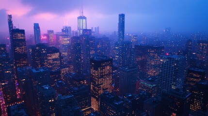 Fototapeta premium Neon-lit cityscape at dusk, blue hour casting ethereal glow on skyscrapers