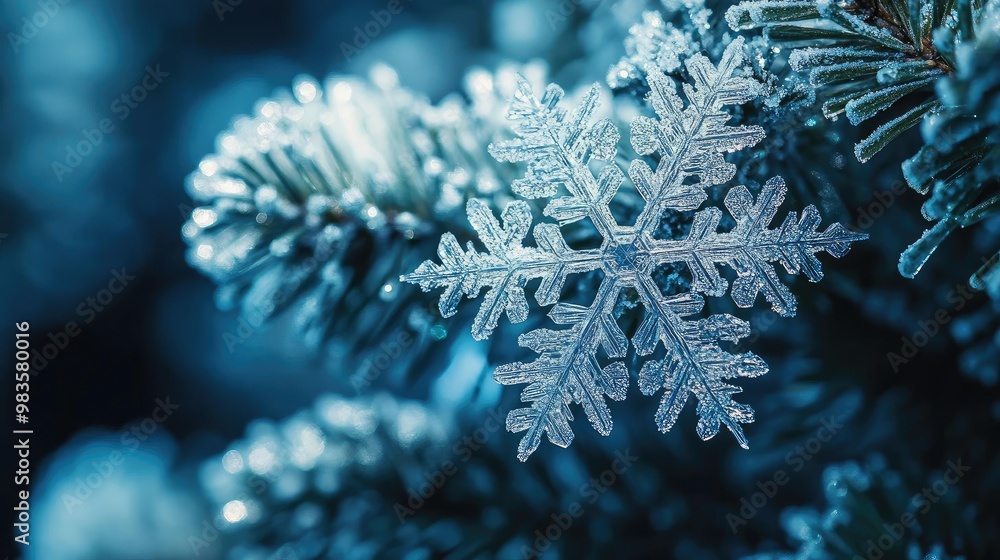 Poster close-up of a delicate snowflake resting on a frosty pine tree branch, showcasing intricate details 